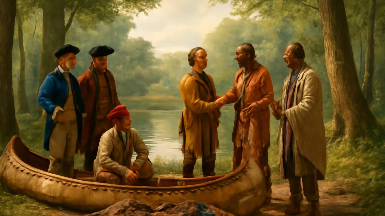 A peaceful woodland scene along a riverbank in the Ohio Country, 1754