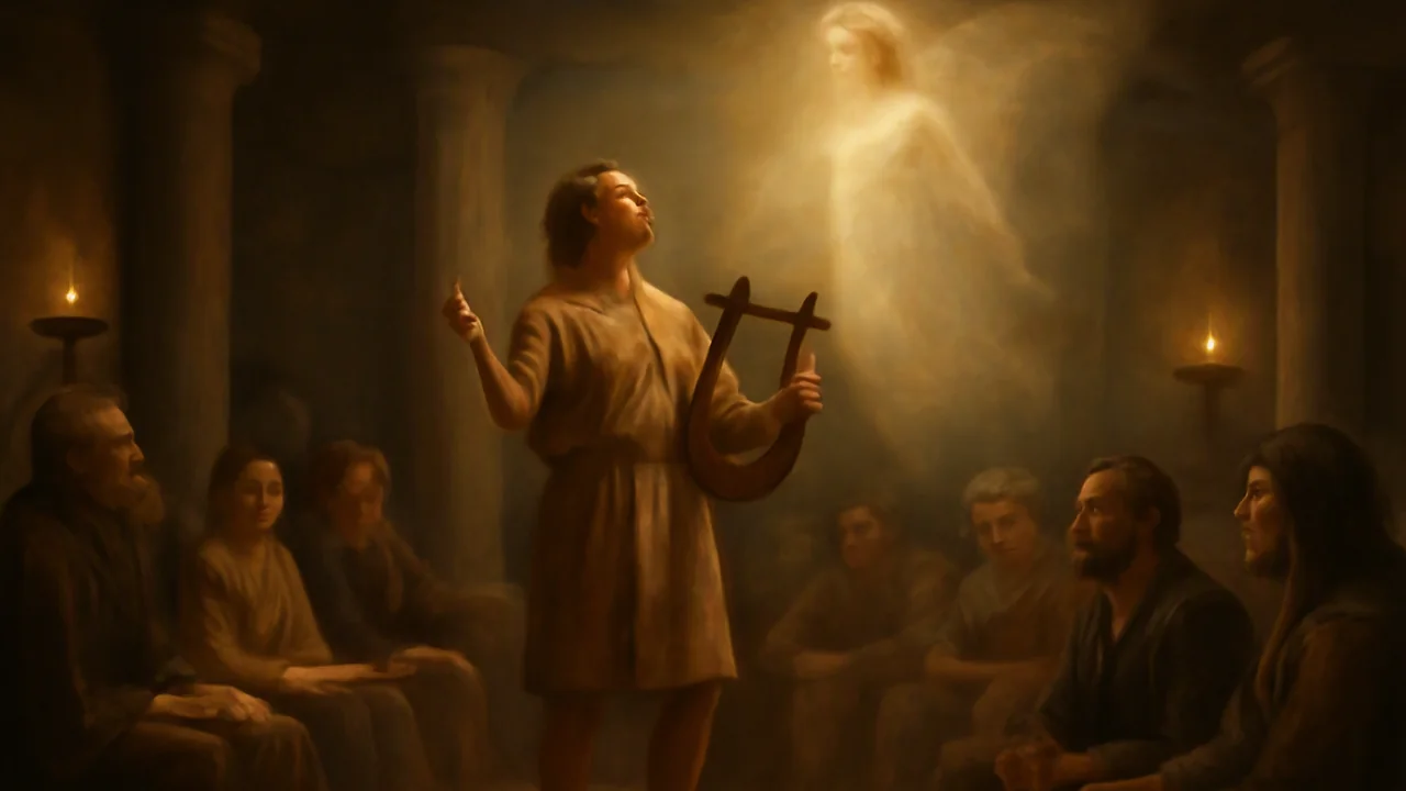 An ancient Greek singer, dressed in simple tunic, stands at the center of a torchlit hall, holding a lyre and looking skyward in passionate appeal