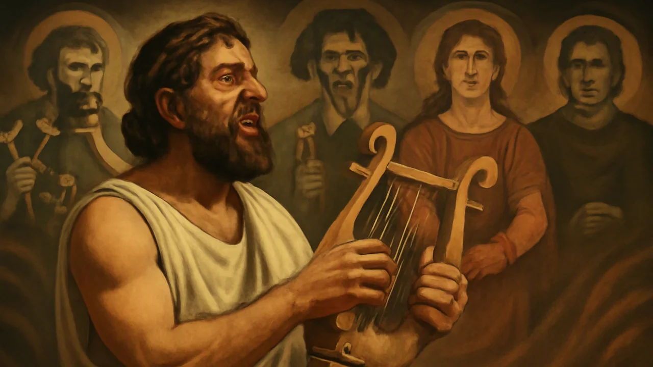 Close-up on the ancient Greek bard mid-performance, strumming the lyre, with visual echoes shimmering across the scene: stylized repeated figures behind him, each representing a different character ta