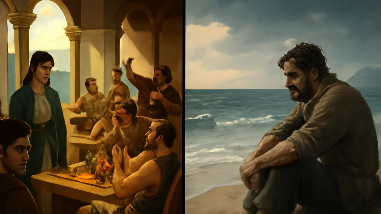 A split-scene illustration: on one side, a peaceful Greek island palace courtyard is overrun by disrespectful young men feasting extravagantly and lounging arrogantly, servants ignored, a troubled you