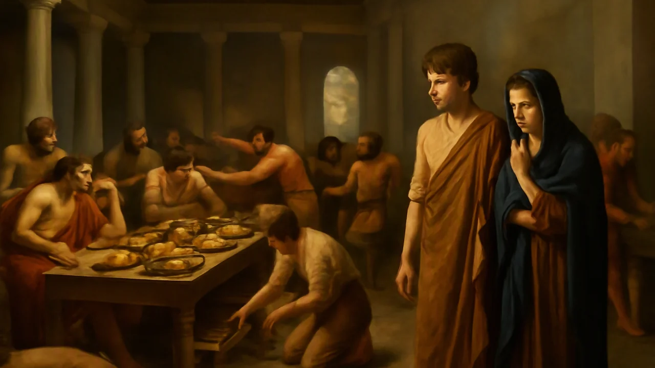 The interior of an ancient Greek hall in Ithaca overrun by unruly young men feasting and causing disorder