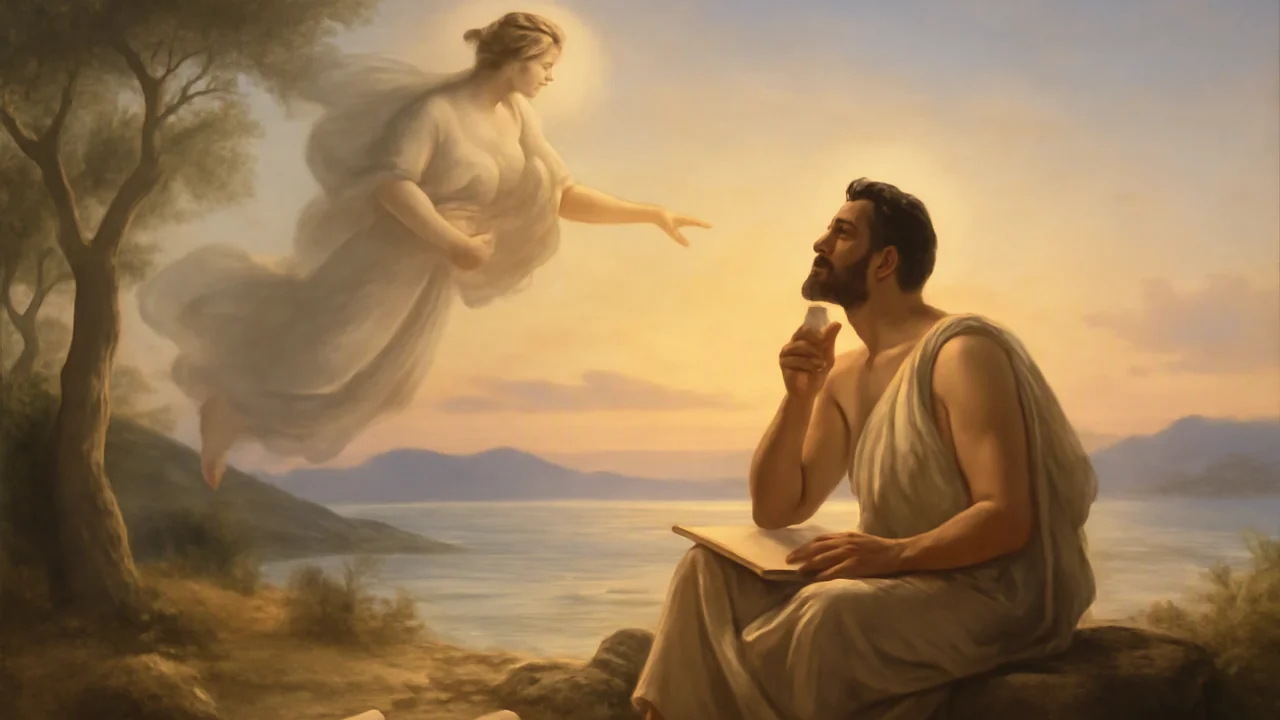 A scene set in ancient Greece with a poet sitting pensively near the shore at dawn, looking upward in inspiration