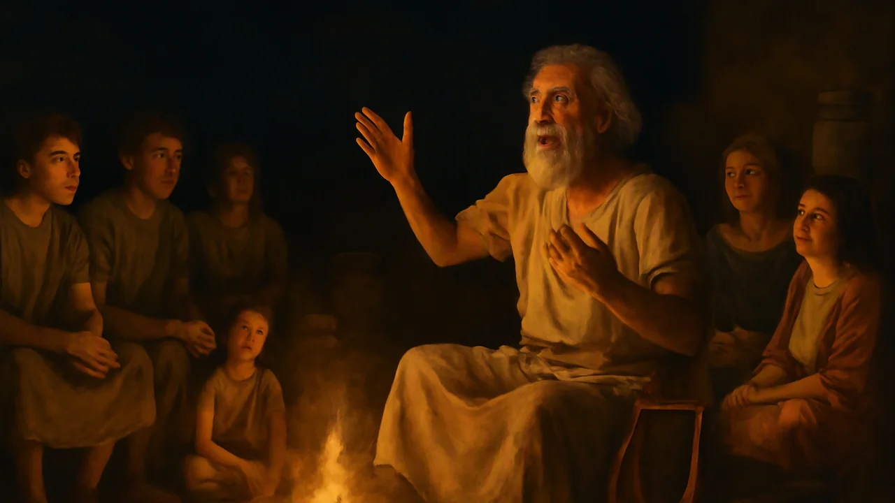 An ancient Greek singer performing an epic poem to an attentive audience at night