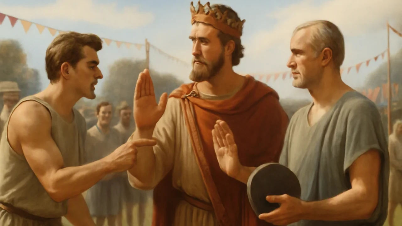 Outdoors in a stadium-like grassy field, a tense moment unfolds as a young, athletic local with a smug expression gestures challengingly at a composed, older newcomer holding a discus