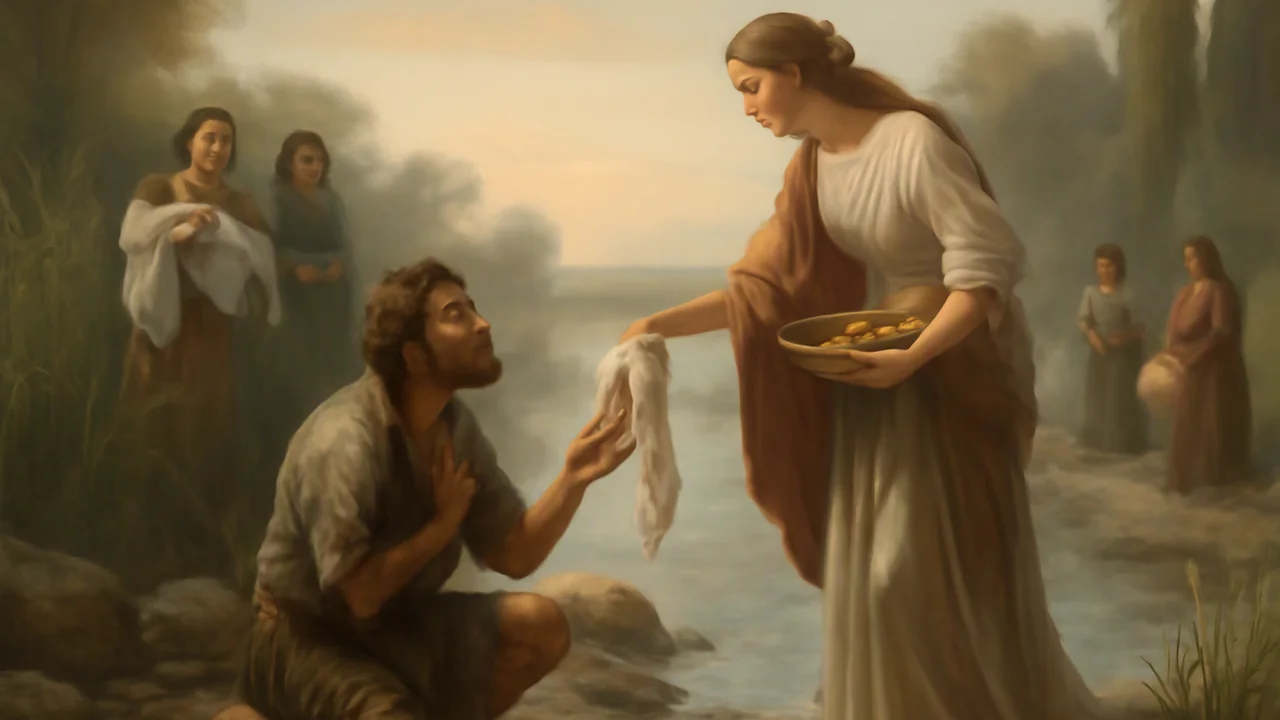 On a rocky shoreline at dawn, a weary, shipwrecked stranger with tangled hair and torn clothes kneels at the edge of a river, looking up with hope and humility