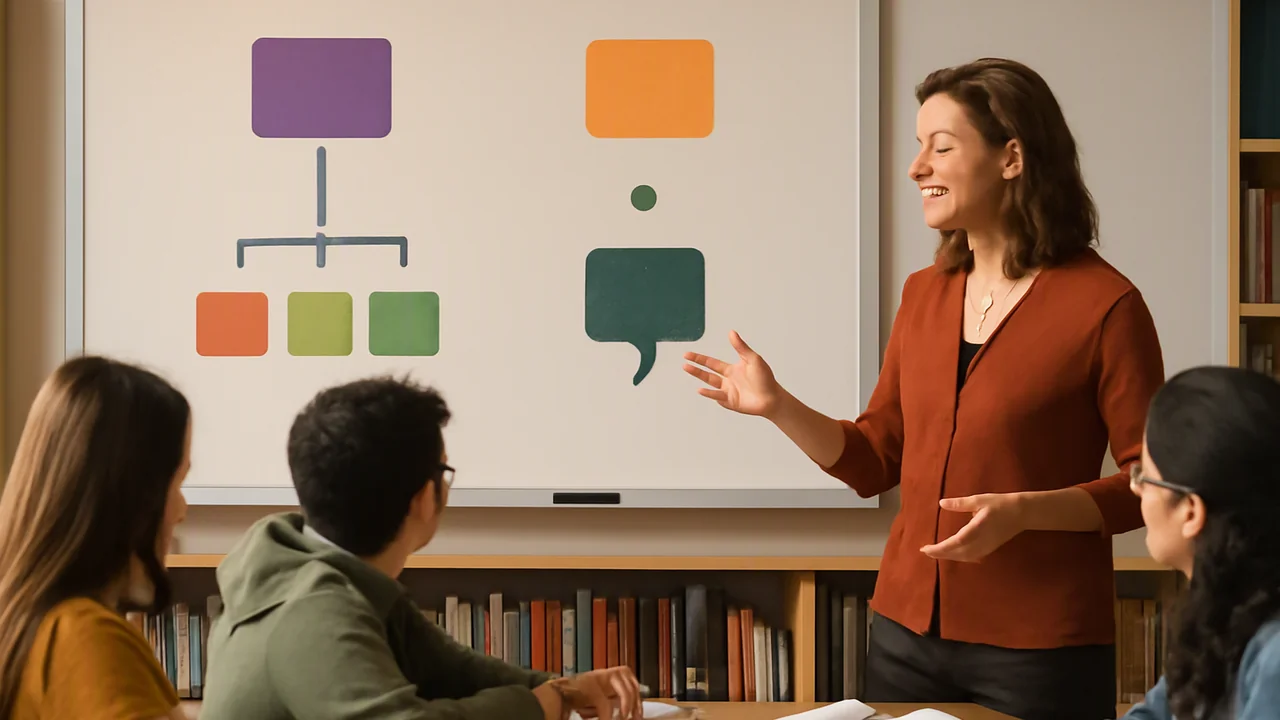 A diagram displayed on a classroom whiteboard, visually contrasting two punctuation marks: the colon and the semicolon