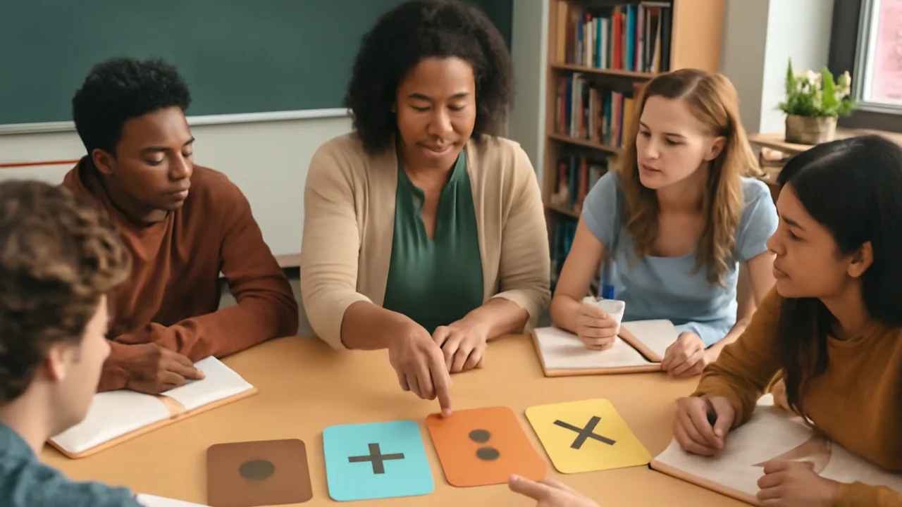 A classroom scene with a diverse group of high school students seated at a table, each with notebooks and pens