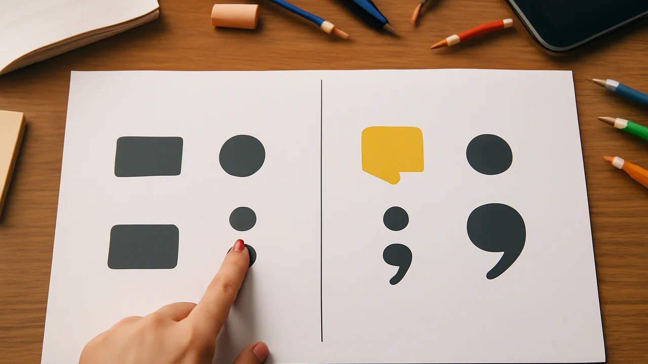 A split-screen illustration: On the left side, two sentence fragments are separated by a plain semicolon, and on the right side, there is a semicolon, a highlighted abstract symbol for an adverb (like