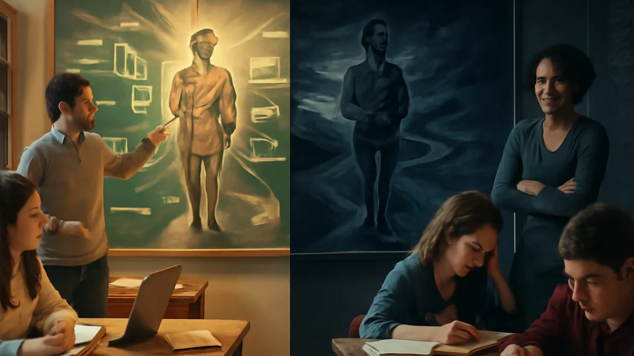 A split composition illustrates two contrasting paths: on one side, Odysseus stands confidently on a road marked by clear, radiant light, symbolizing excellence and ingenuity, surrounded by images of