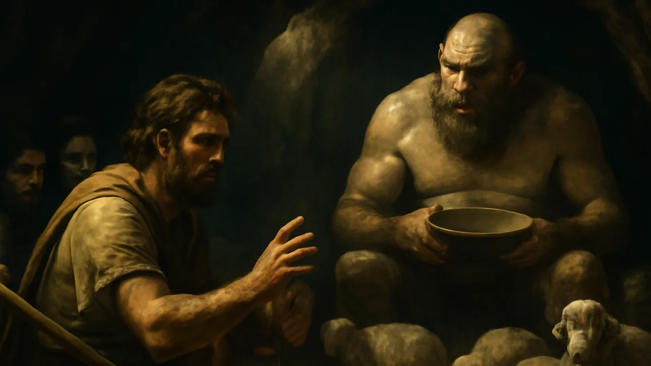 Inside a dark, rocky cave, a tense scene shows Odysseus and his band of men huddled together in the shadows