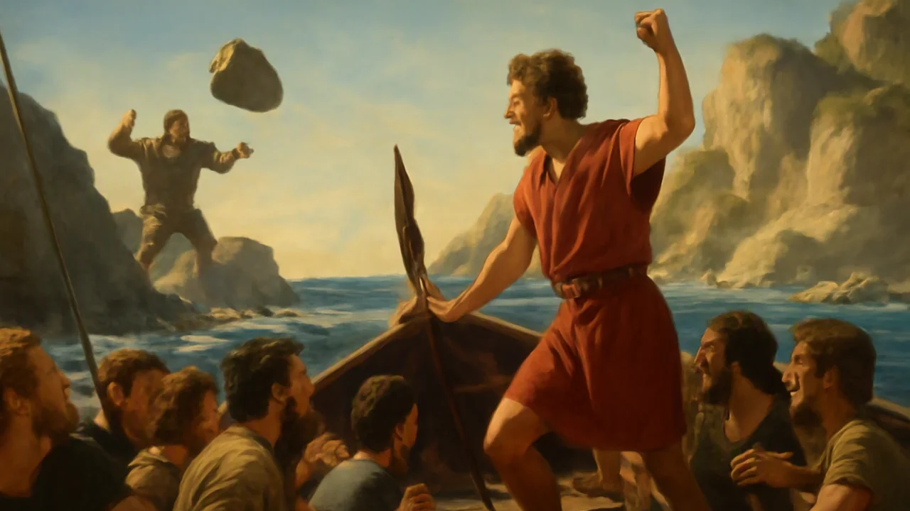 On a sunlit shore with a wild, rocky coast in the distance, Odysseus stands upright at the bow of a small, crowded wooden ship filled with his wary crew