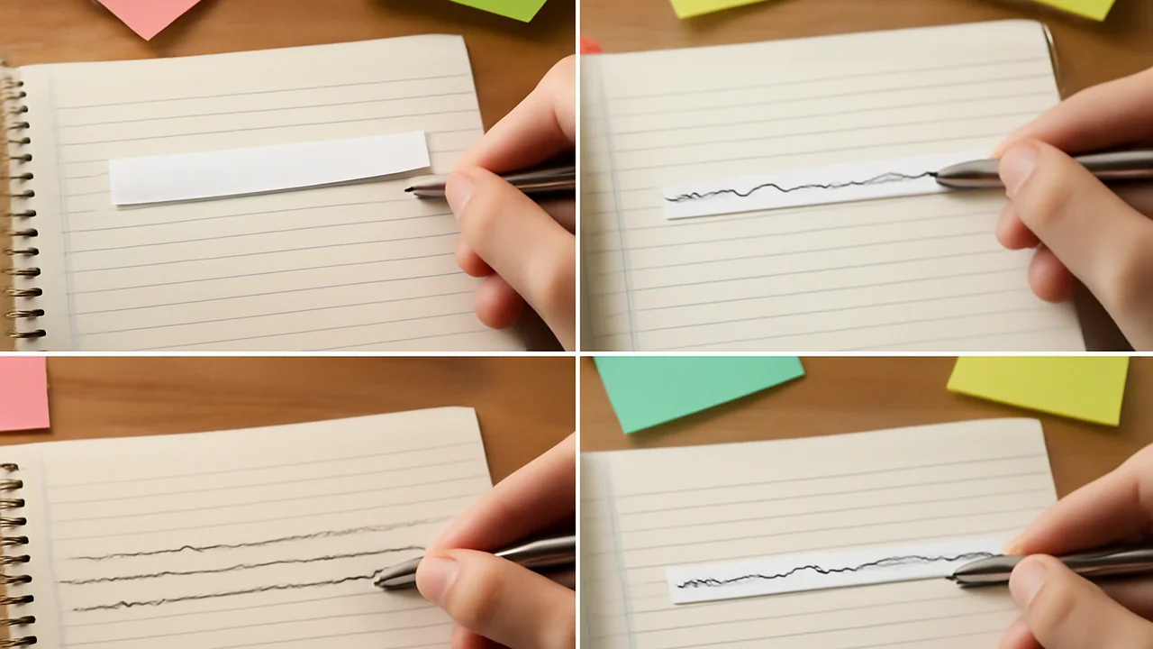 A close-up of three horizontal rows on a notepad, each row showing different ways a student integrates a printed cut-out strip of a quotation into handwritten sentences