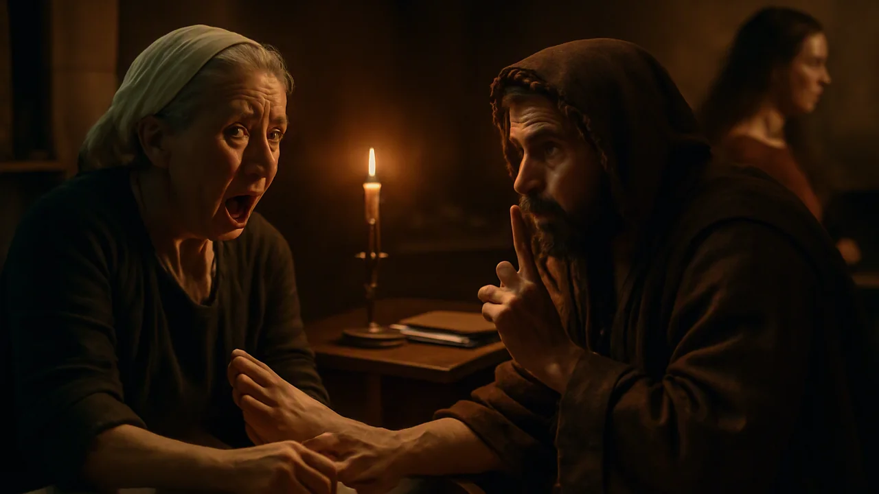 In a quieter, candle-lit chamber, an elderly nurse gently washes the foot of the disguised beggar