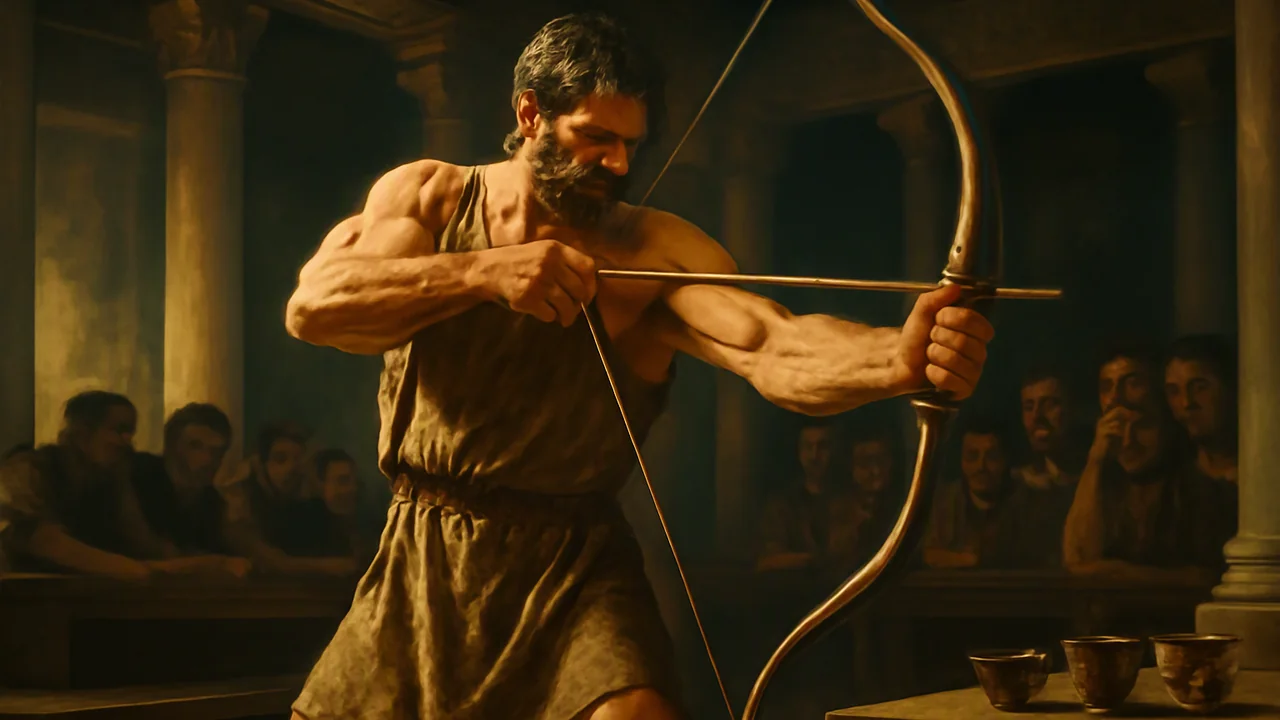 In an ancient Greek hall, a strong, weathered man with curly hair stands at the center, stringing an enormous bow with focus and determination