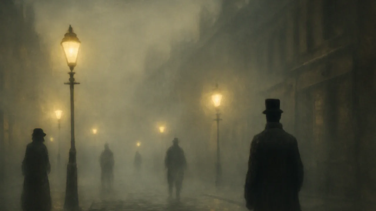 Illustrate a Victorian street scene shrouded in thick, swirling fog