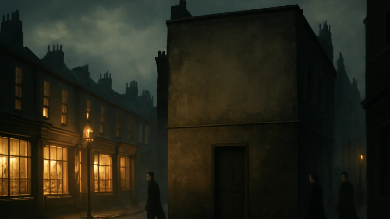 Depict a moody Victorian London street at dusk