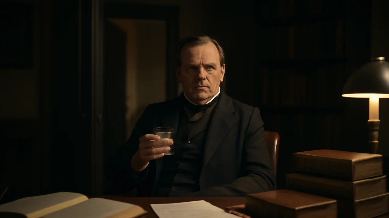 Show a middle-aged Victorian man seated in a dim, tidy study, alone