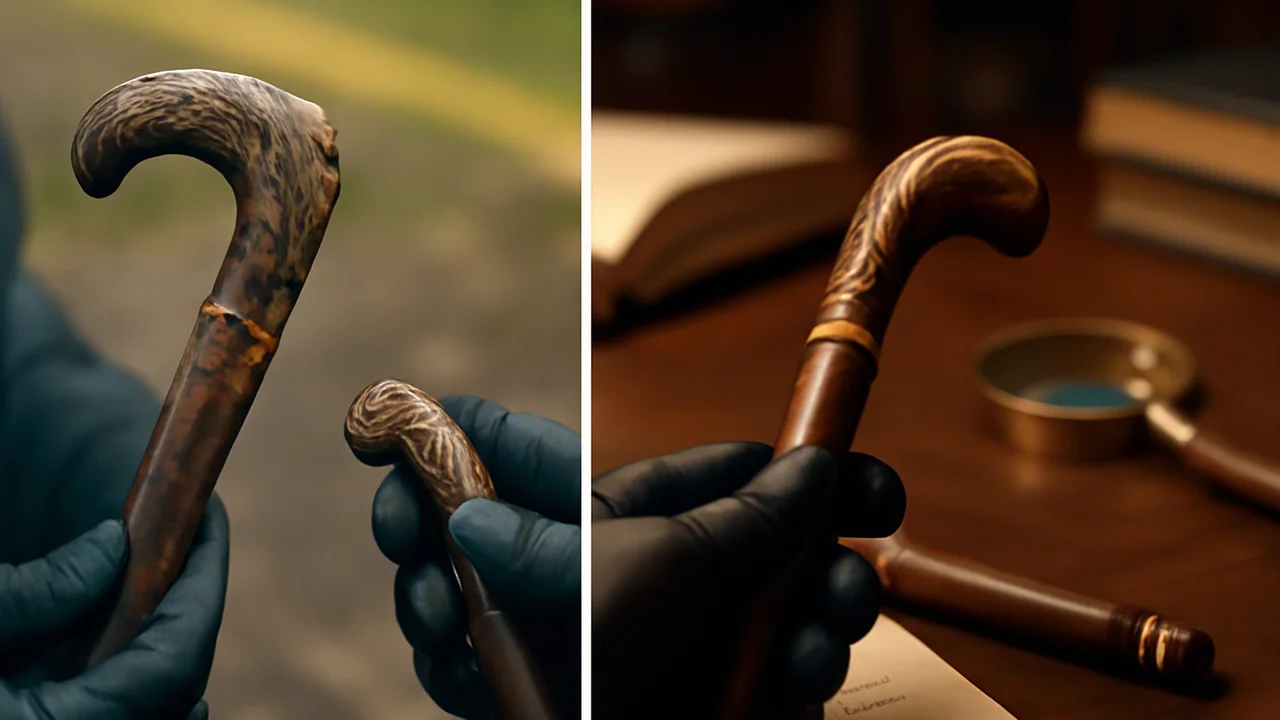 A close-up of a police inspector’s gloved hands holding two matching pieces of a broken walking cane