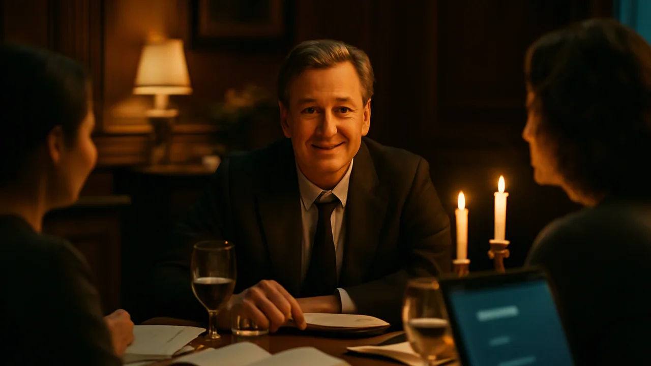 A Victorian-era dinner scene in an elegantly furnished, candlelit dining room
