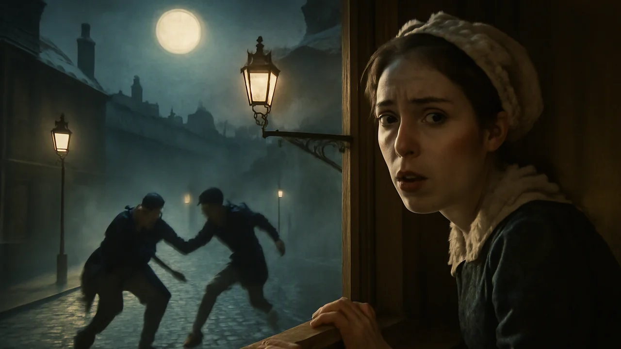 A moonlit London street viewed from an upper window, with a young maid peering out, her face a blend of shock and horror