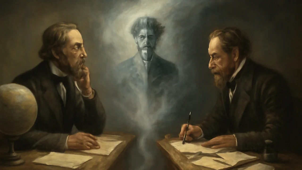 Two classic writers face each other across a symbolic divide: one resembles a 19th-century American philosopher sitting at a simple desk with papers and a globe, gazing thoughtfully into the distance;