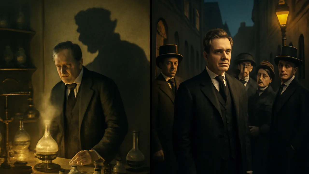 Split scene: On the left, a Victorian laboratory with a middle-aged man in a suit standing at a workbench, surrounded by glass beakers and scientific equipment, looking troubled as he observes a flask