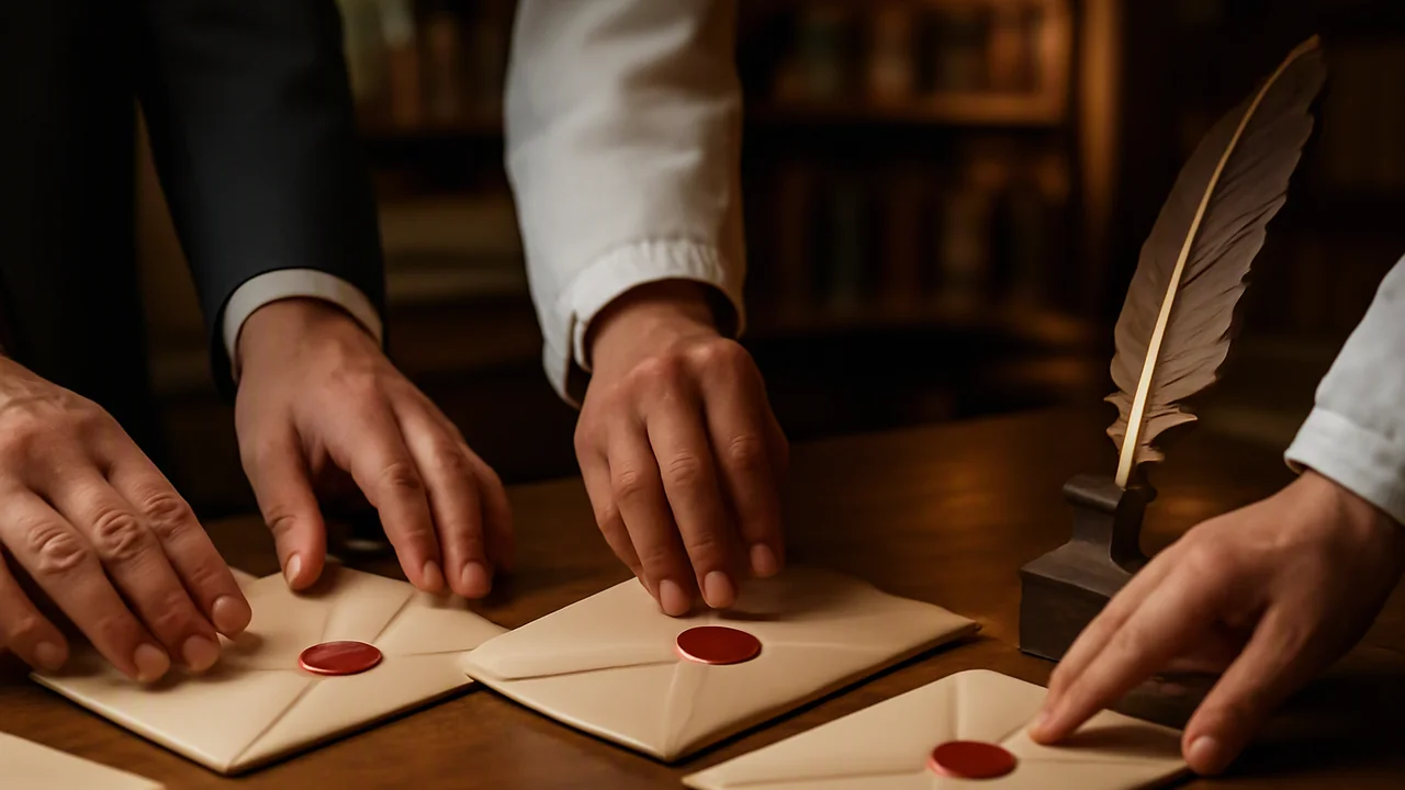 Three different hands placing sealed envelopes on a wooden desk: a middle-aged lawyer’s hand, a physician’s hand, and a scientist’s hand, each distinguishable by subtle costume cues and skin tone