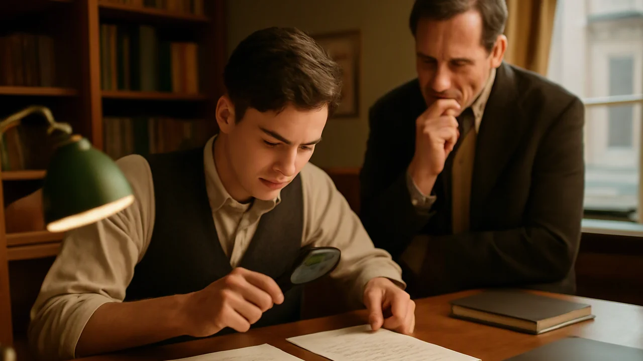 In a cozy, old-fashioned office, a thoughtful young clerk examines two sheets of paper side by side on a wooden desk, each displaying handwritten lines in different styles