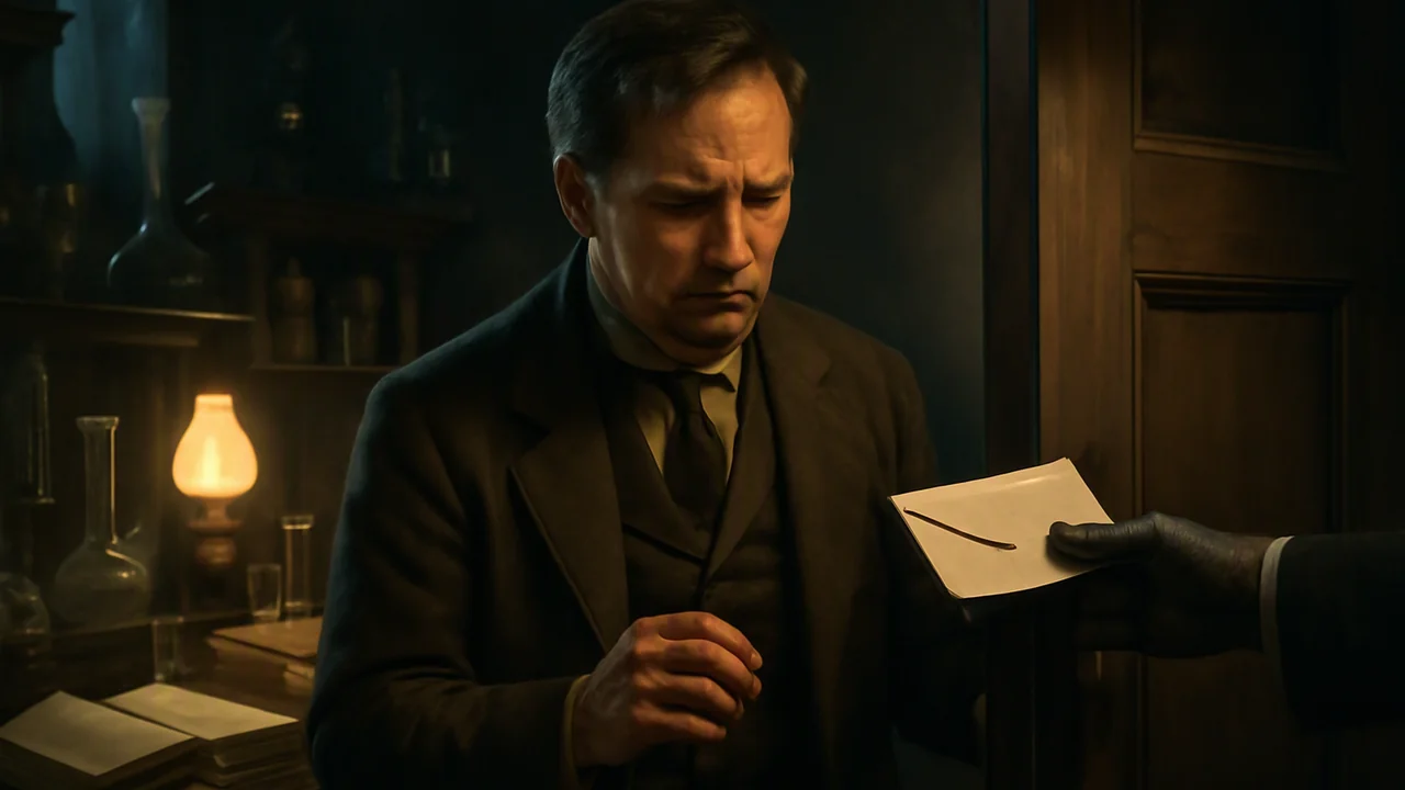 A cautious middle-aged man stands in a dim, Victorian laboratory, facing a half-open door
