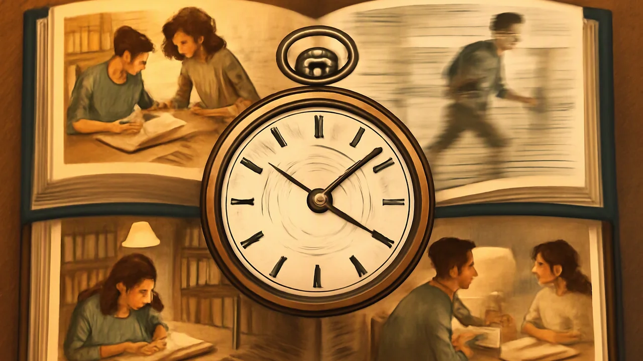 An abstract yet concrete metaphor of pacing: an illustrated pocket watch, its hands spinning rapidly, overlays a series of open book pages
