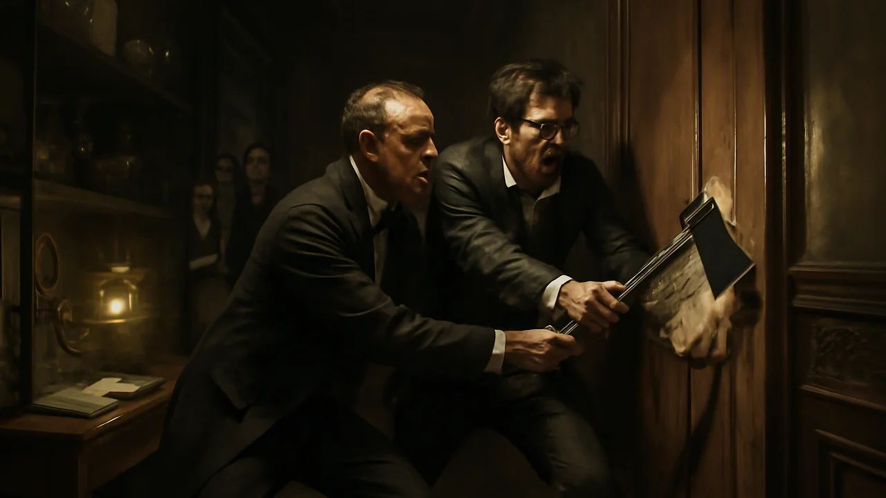 Inside a dim corridor, a butler and a lawyer urgently force open a locked door with an axe