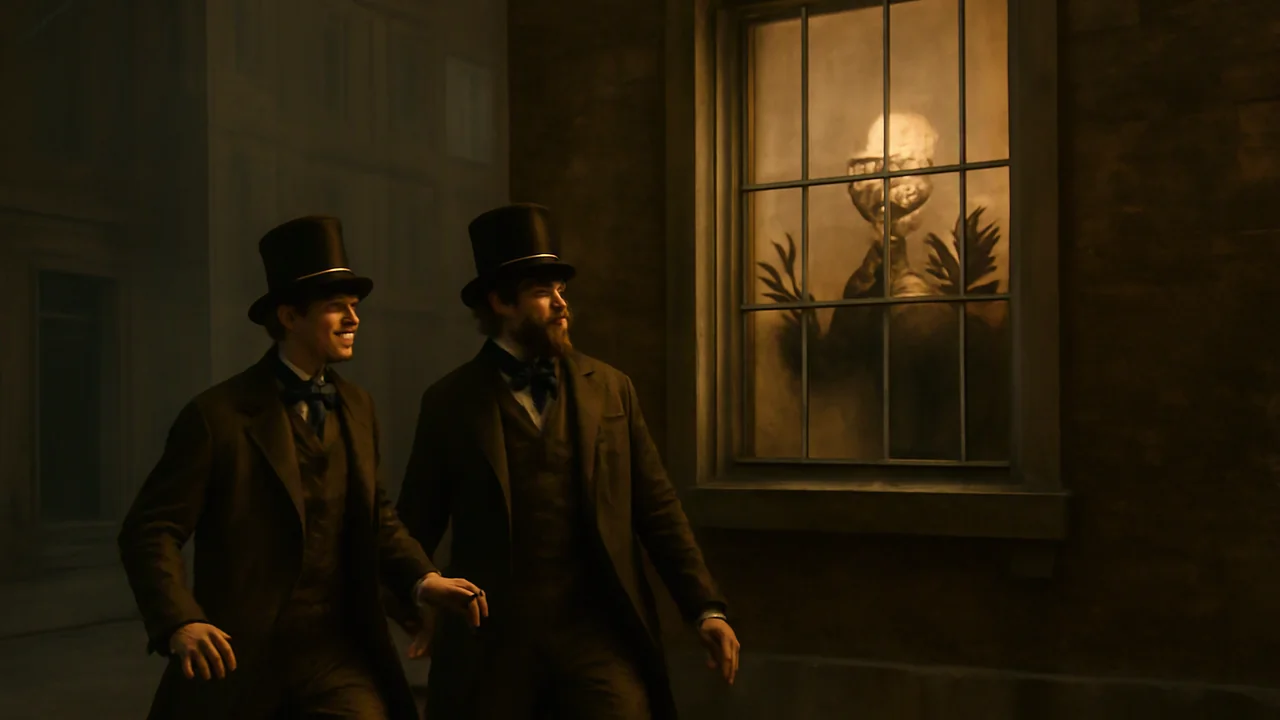 Two well-dressed 19th-century men stand below a large window on a London townhouse