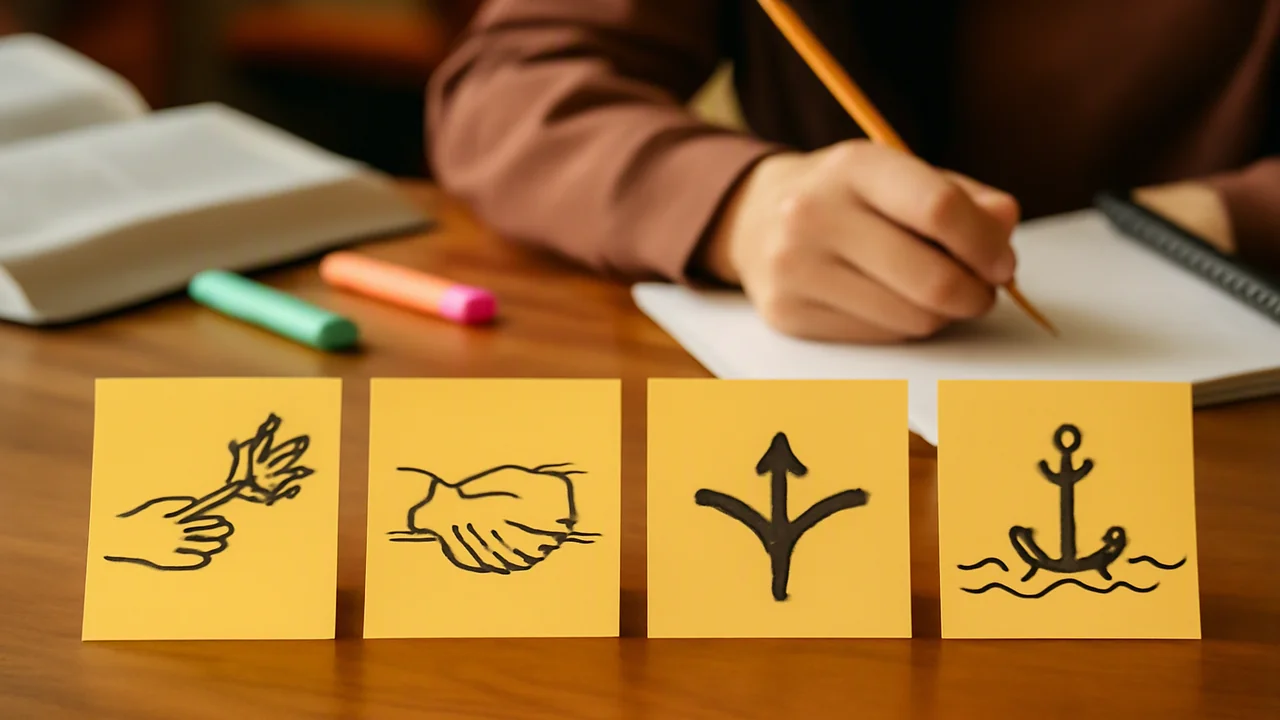 A sequence of four numbered sticky notes, each visually representing a distinct step in constructing a concession paragraph