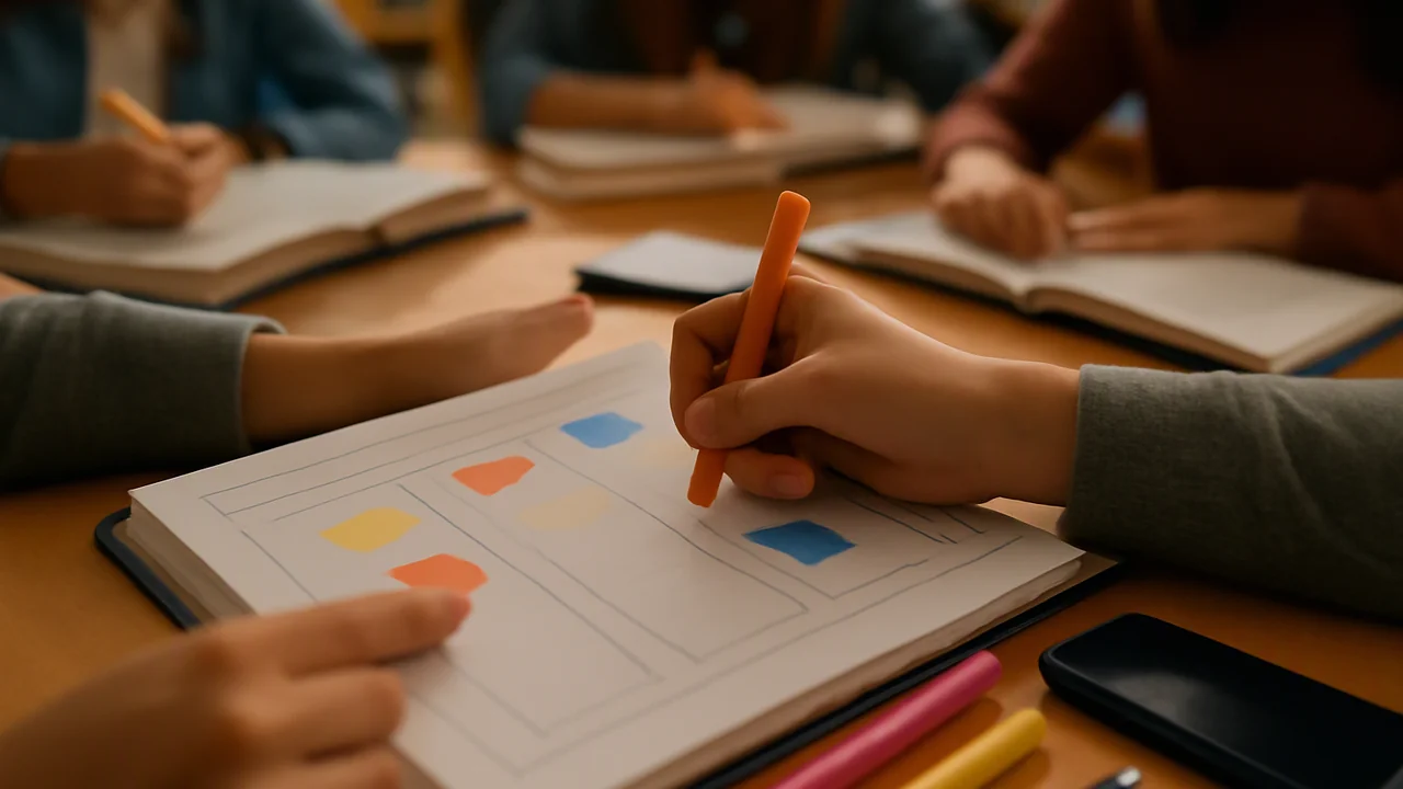 Close-up on a student's hands as they work on a three-column chart in a workbook (columns are visually distinct and separated, with no readable text)