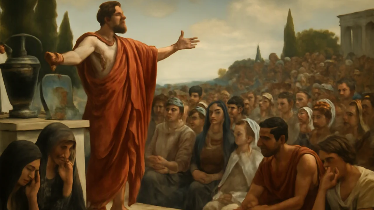 An ancient Greek public gathering depicted outdoors, with a central speaker standing on a raised platform addressing a crowd