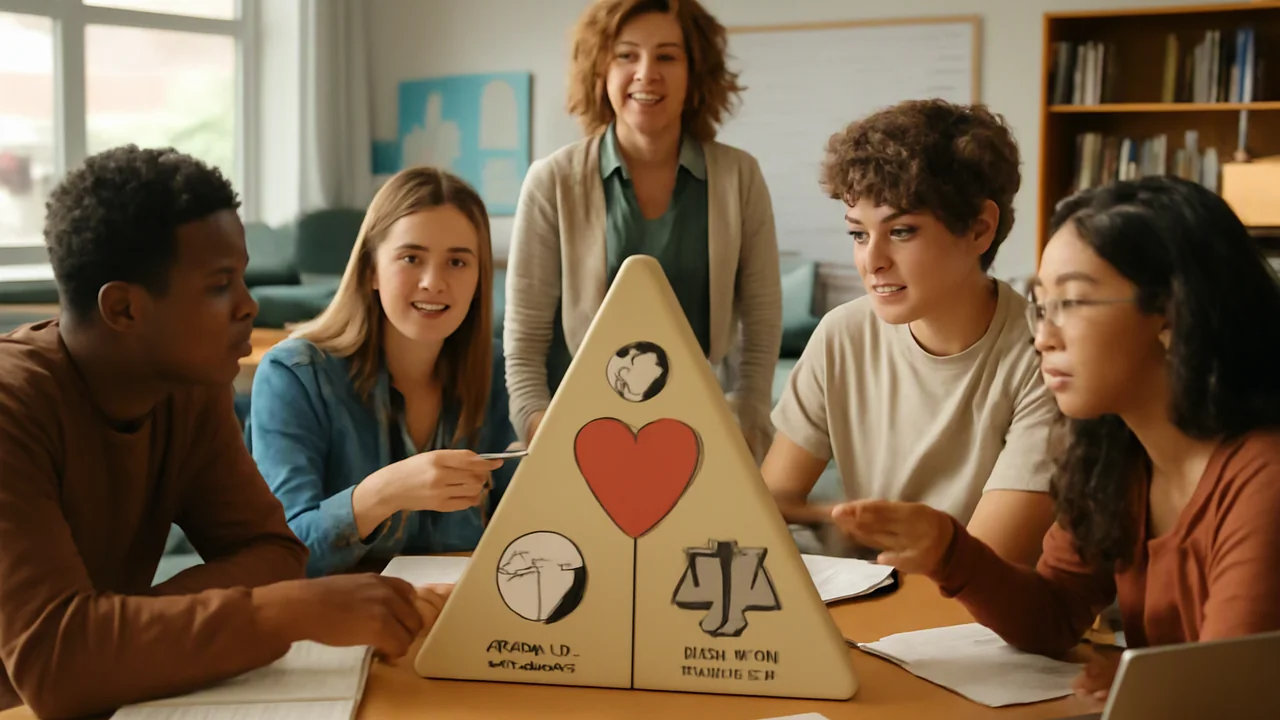 A classroom scene showing a diverse group of high school students sitting around a round table