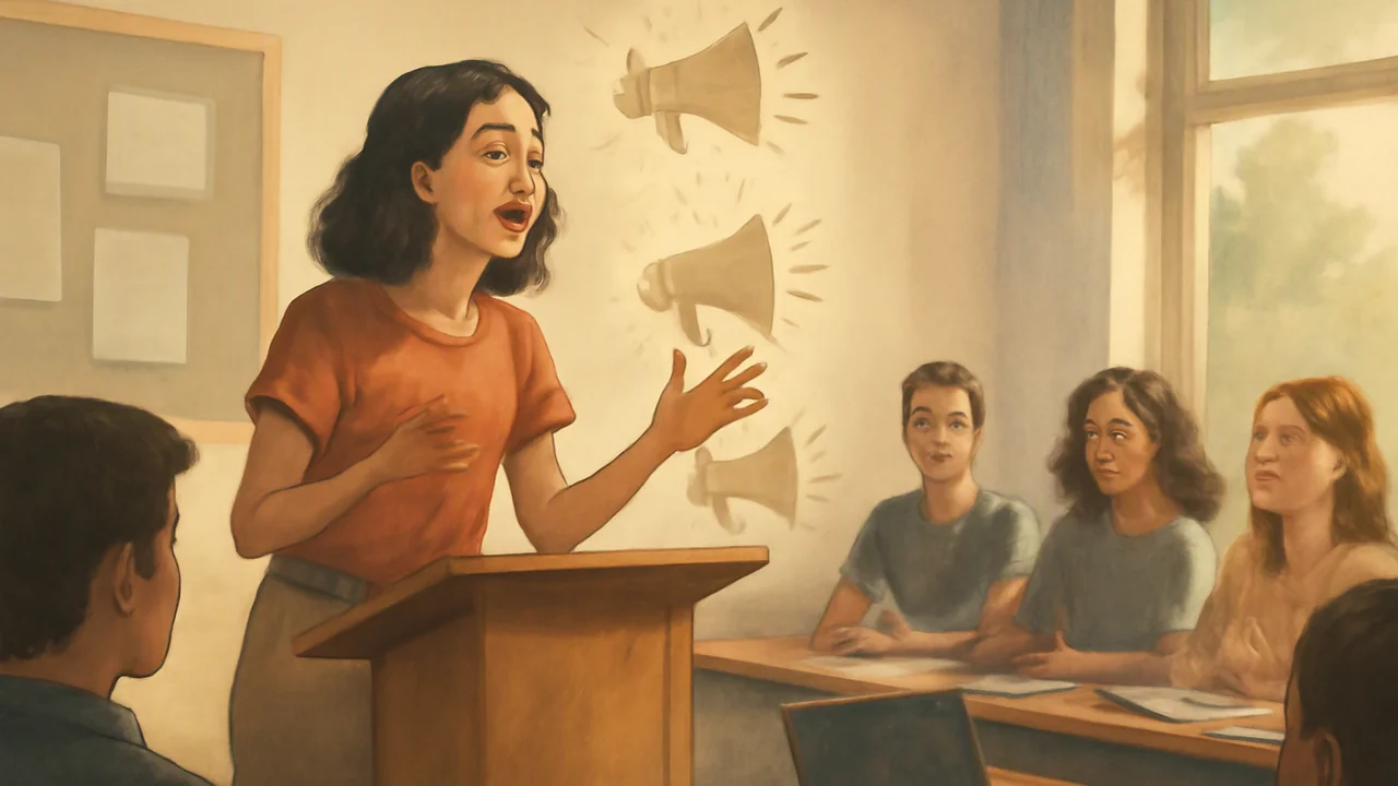 An illustrated scene of a passionate high school student addressing a classroom audience