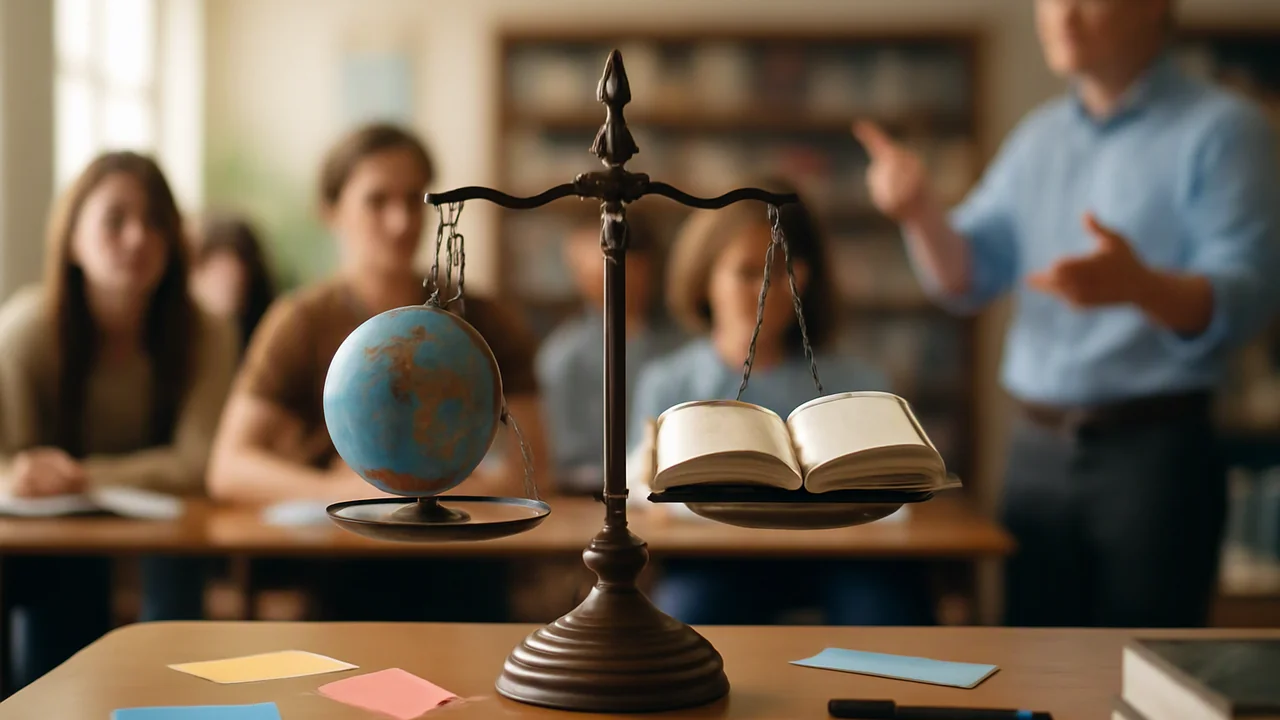 A close-up of a vintage balance scale on a teacher's desk, with two distinct objects on either side: on the left, a globe symbolizing “the world,” and on the right, an open book symbolizing “the self.
