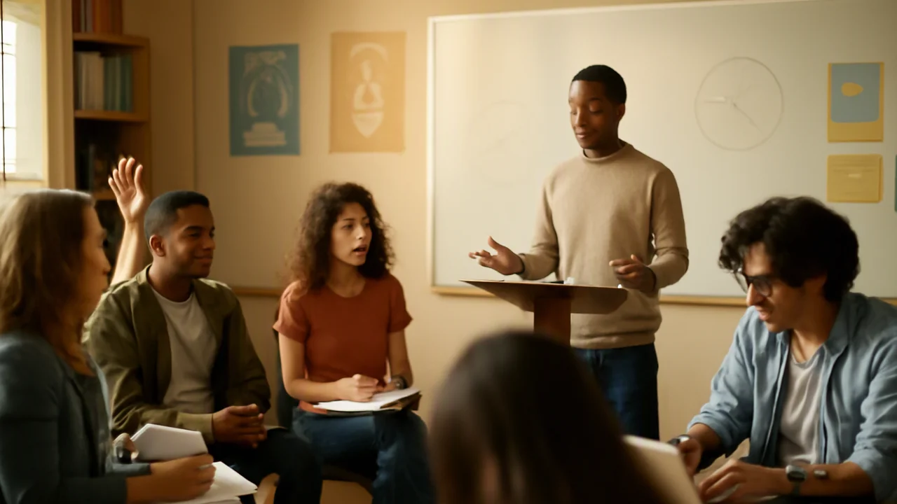 A diverse group of high school students sits in a semi-circle, attentively watching a peer deliver a speech at the front of the classroom