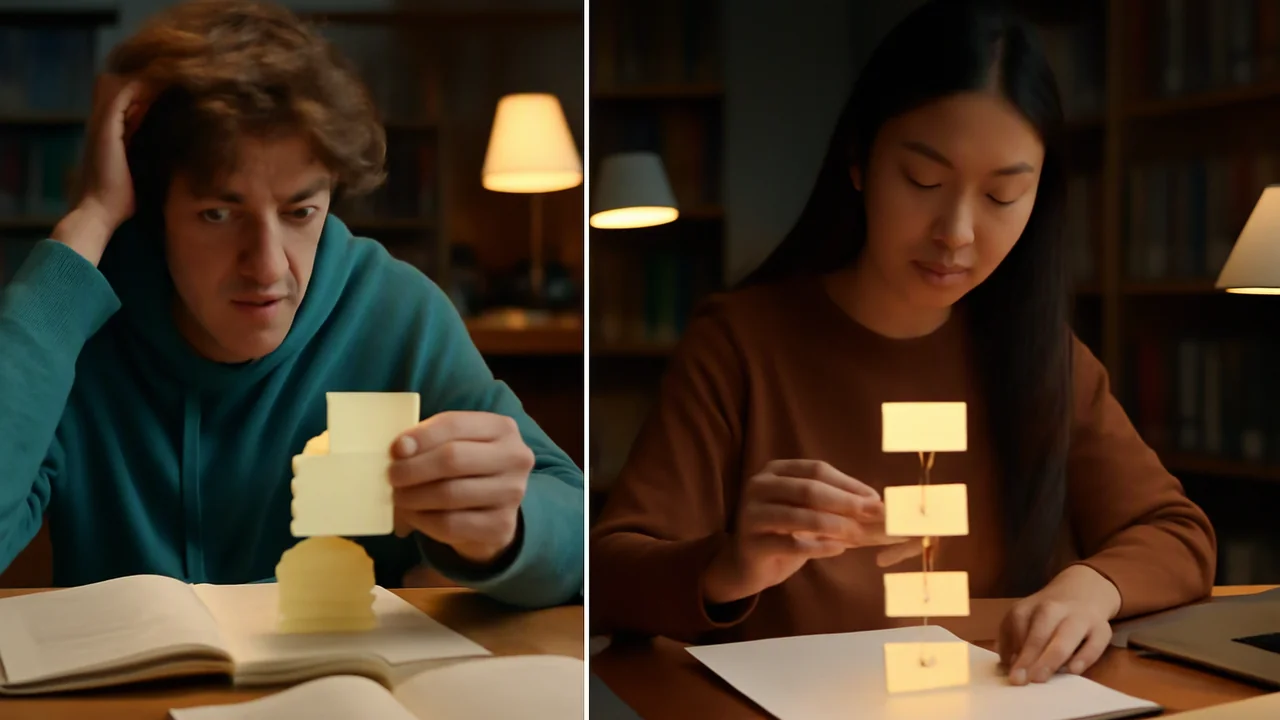 Two contrasting visual panels side by side: on the left, a student is confused, stacking unrelated facts (represented by loose sticky notes or paper scraps in disarray); on the right, another student
