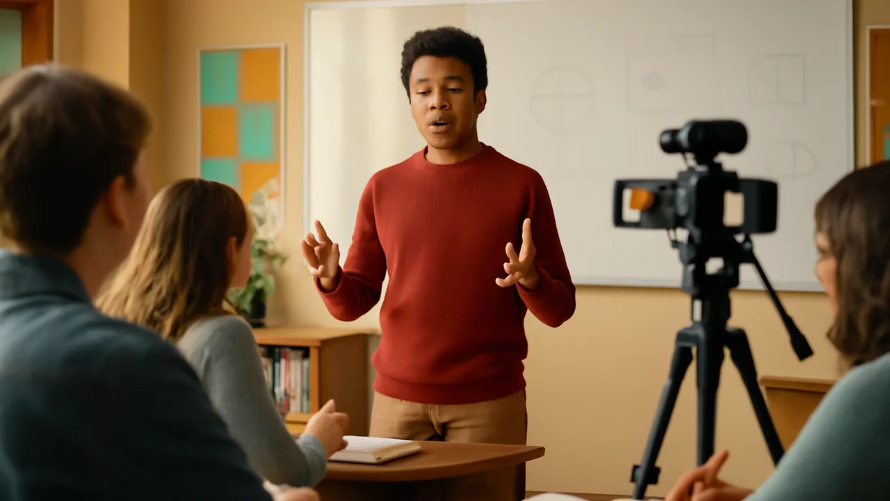 A student stands at the front of a classroom or in a home study, delivering their rewritten passage aloud to a small group of peers or recording themselves with a sleek digital film camera on a tripod