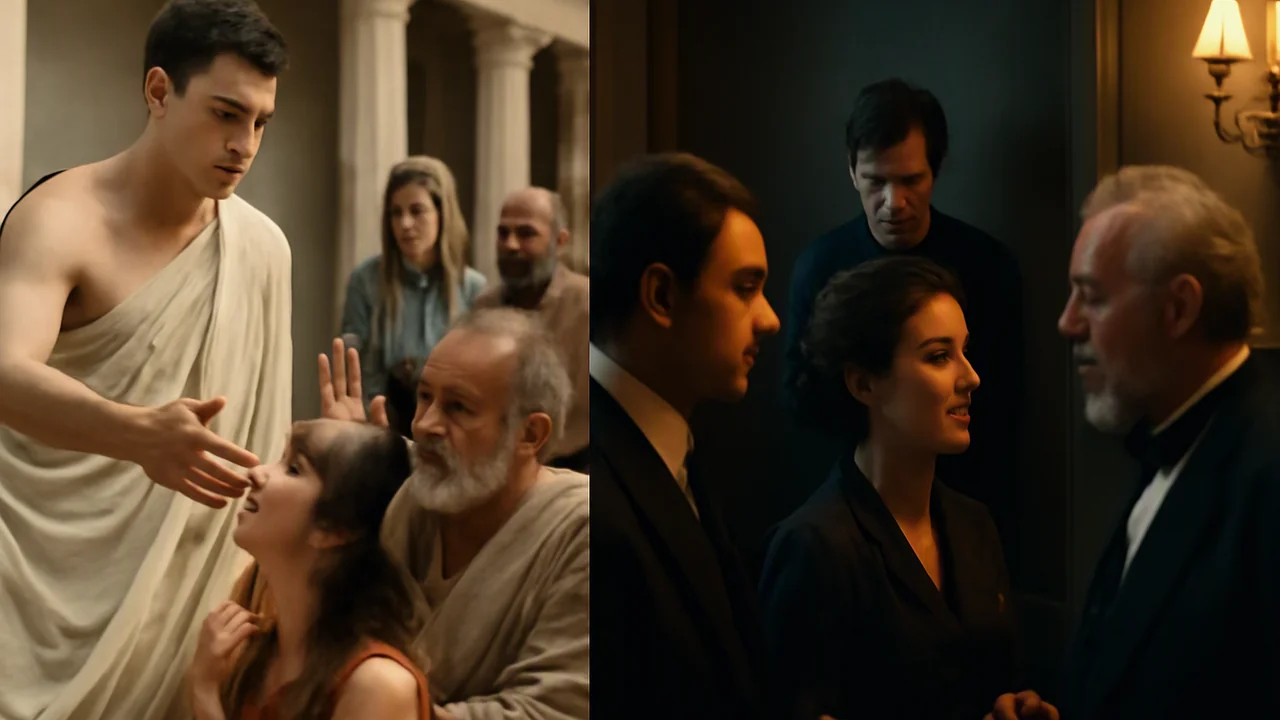 A split scene showing two contrasting scenarios: On one side, an ancient Greek communal gathering where townsfolk are enforcing a code of hospitality and judgement, with tense body language and symbol