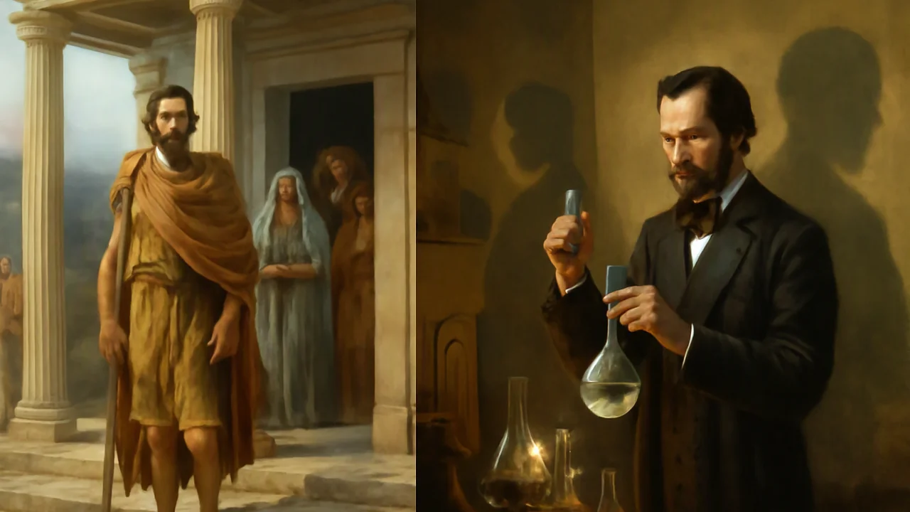 Two-paneled scene contrasting an ancient world and a 19th-century setting: On the left, an ancient Greek hero in worn traveling robes stands before his home after a long voyage, with worried family an