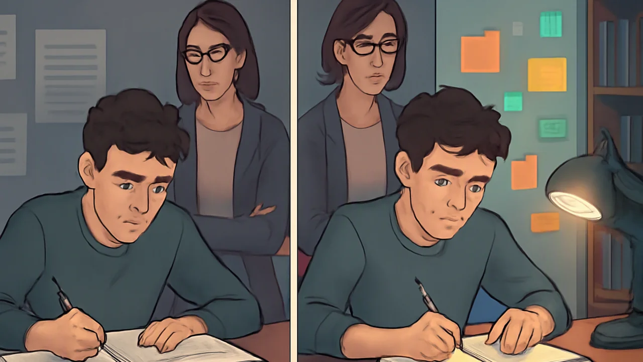 A split-image scene contrasting two approaches to paraphrasing: on the left, a student copies from a source with a dissatisfied expression and lines mimicking the source's sentence structure; on the r