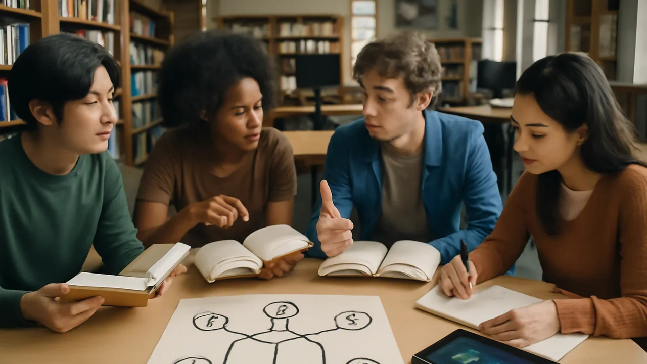 A diverse group of high school students sitting around a table in a library, each holding a different open-access print book or using a tablet showing an abstract graphical interface