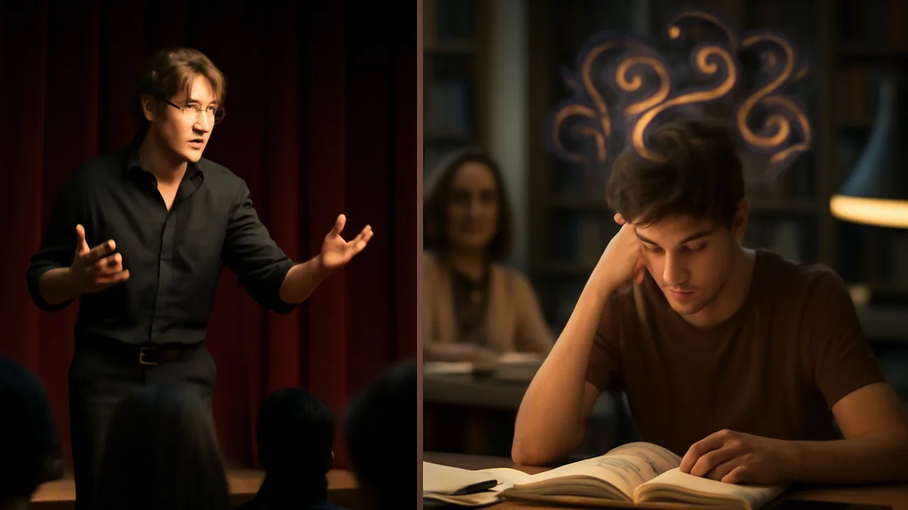 A split scene showing the same dramatic character in two mediums: on one side, an actor on a brightly lit stage delivers an intense monologue to a live audience, expressing deep emotion with gestures