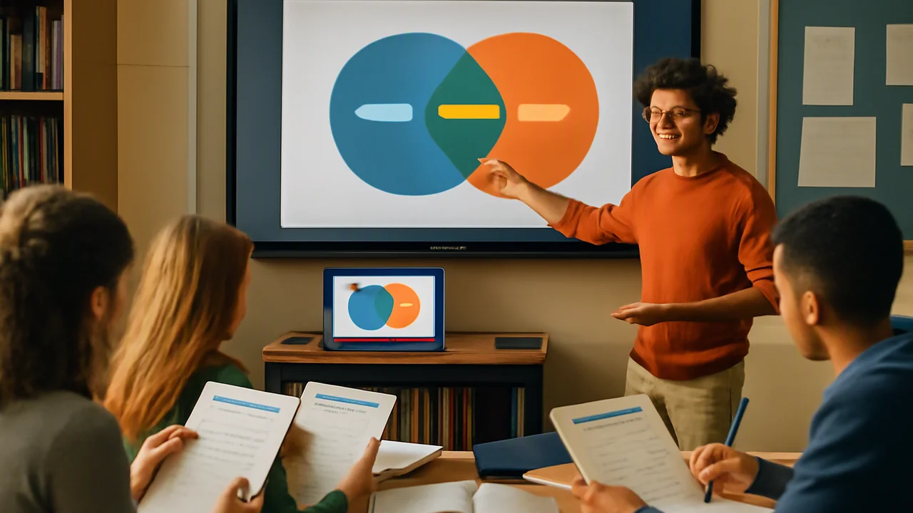 In a classroom or digital meeting setting, a student presents to peers using a projector or large monitor