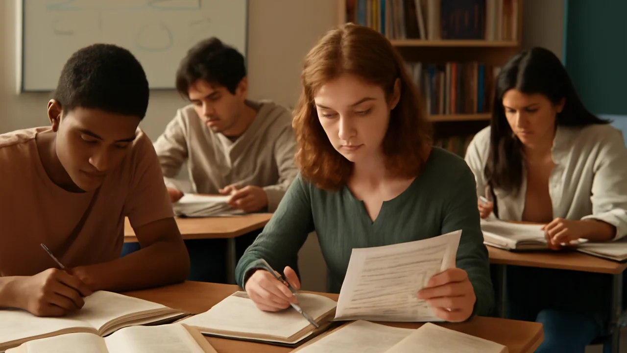 A diverse group of high school students sits at desks, each focused on drafting a research paper by hand