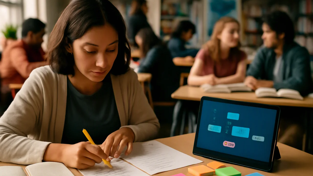 A student at a desk arranging colored sticky notes and printed pages into organized stacks, with a digital device nearby displaying an abstract interface representing source integration