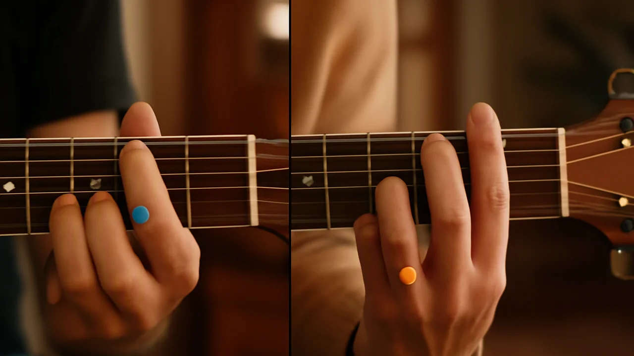 A split image comparing the neck of a guitar with an adult left hand forming an E-shape barre chord and an A-shape barre chord